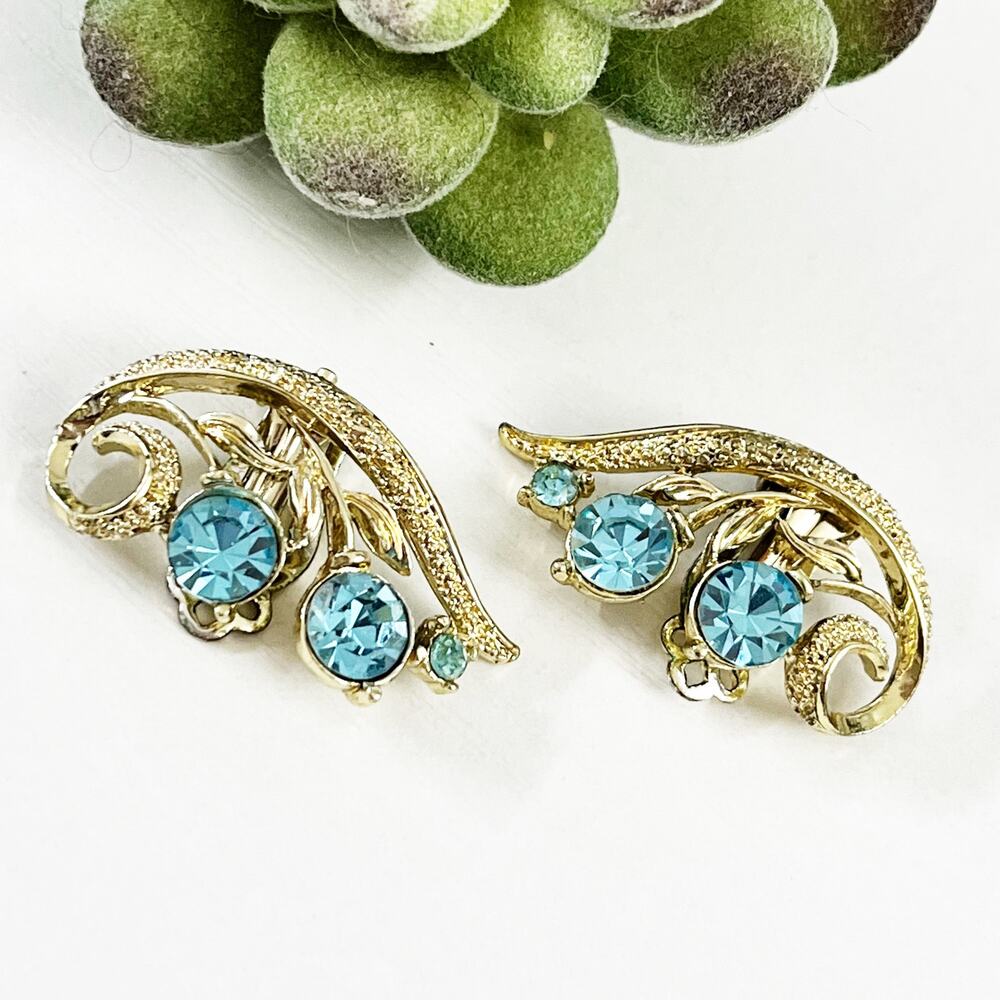 Lisner Vintage Blue Rhinestone Scroll Clip Earrings
